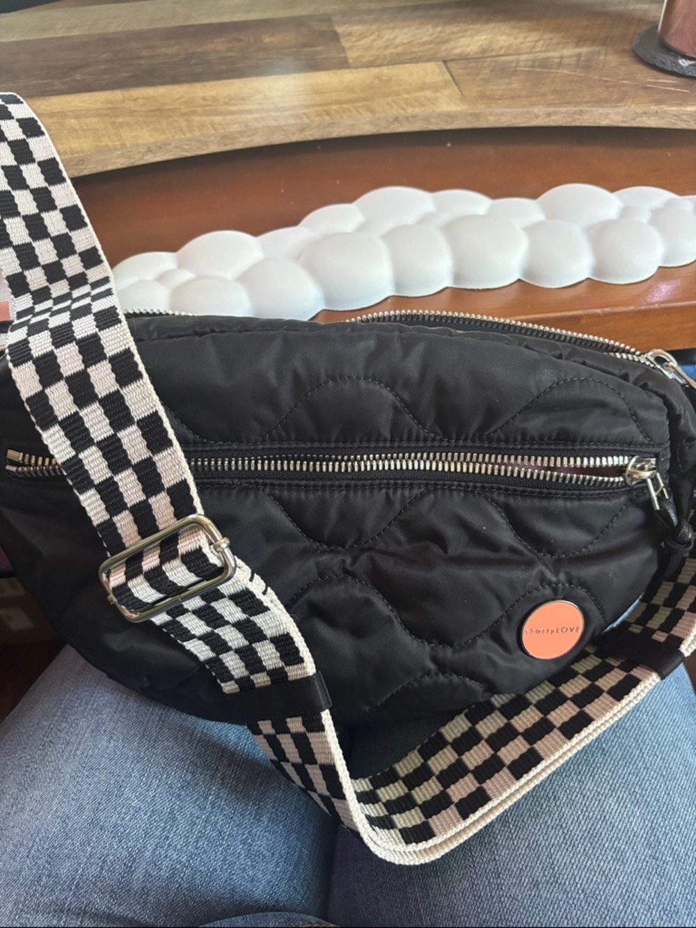 Black Quilted Crossbody Bag with Checkerboard Strap